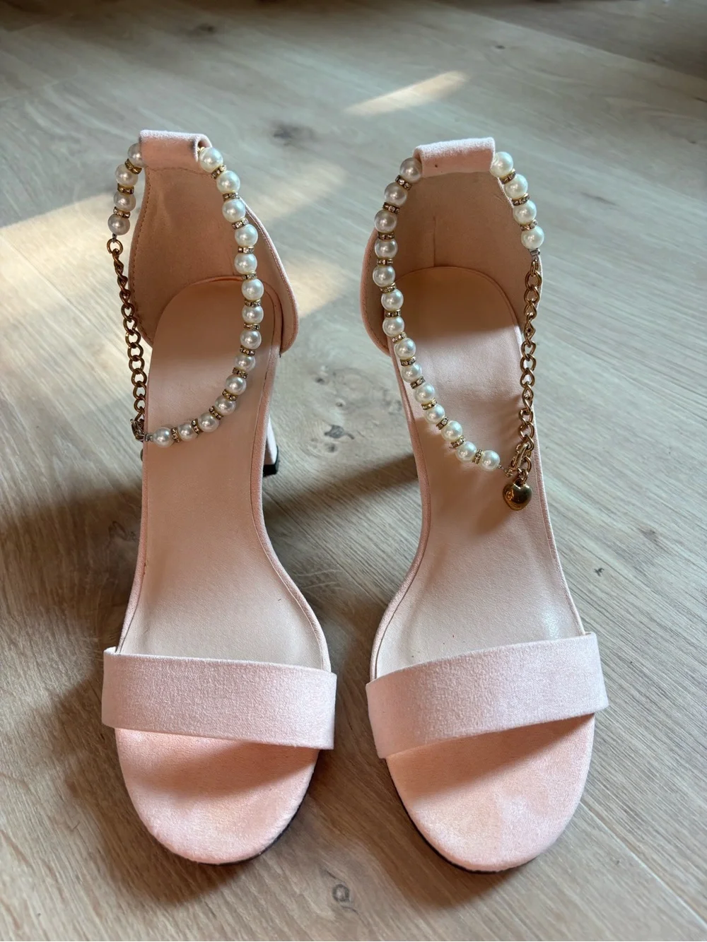 Women's Blush Pink Pearl-Ankle Strap Heels
